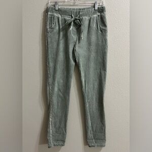 Gigi Moda Pull On Jogger Pants OS Stretch Sage Green Acid Wash Embellished Italy